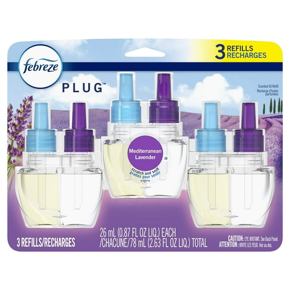 Febreze Odor-Fighting Fade Defy Plug Air Freshener Refill, Mediterranean Lavender, (3) .87 Fl. Oz. Oil Refills