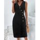 thumbnail image 2 of Vestido de mezclilla con cuello en V para mujer, moda informal sin mangas, botonadura Simple, azul, largo, Verano, 2 of 4