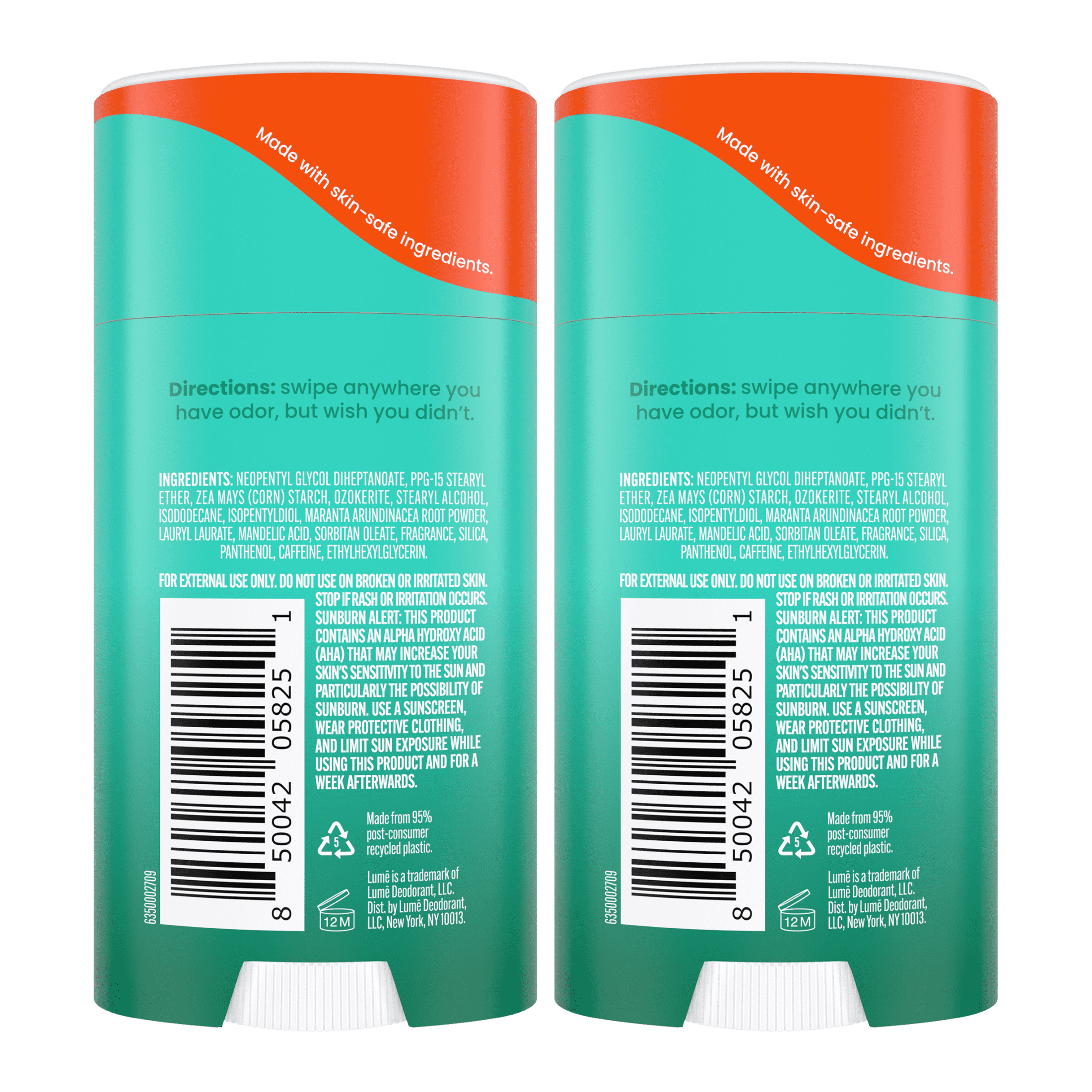 Lume Whole Body Deodorant Solid Stick - 72 Hour Odor Control - Aluminum Free, Baking Soda Free and Skin Safe - Minted Cucumber, 2.6oz (2 Pack)