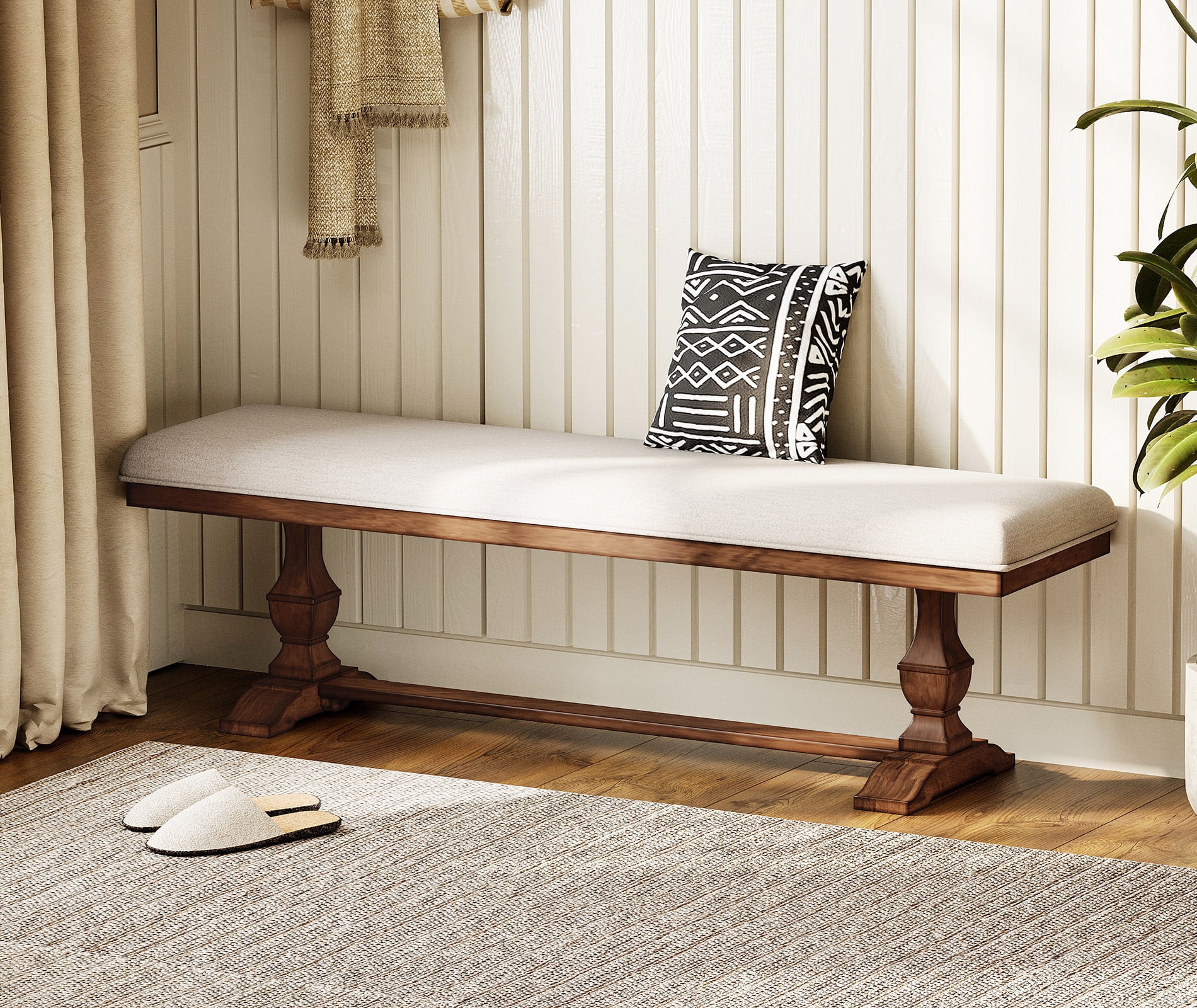 WAMPAT Farmhouse Dinning Bench Seat,59.8" Upholstered Bench with Premium Fabric and Solid Wood Legs for Kitchen, Living Room & Bedroom,Espresso