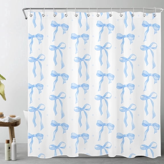 HVEST Blue Bow Shower Curtain with Blue and White Design - Modern Simple Aesthetic Bathroom Decor, Waterproof Polyester Fabric, Includes 12 Hooks, 72x72 Inches
