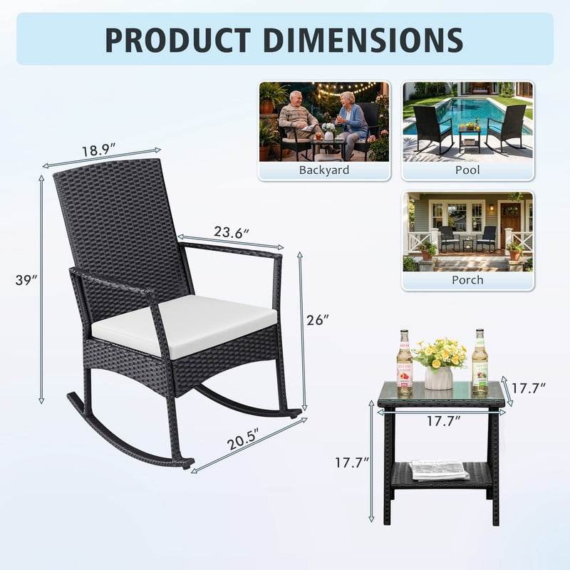 Devoko 3 Pieces Patio Rattan Rocking Chair Set with Cushion and Table Outdoor Porch and Garden Furniture, Beige