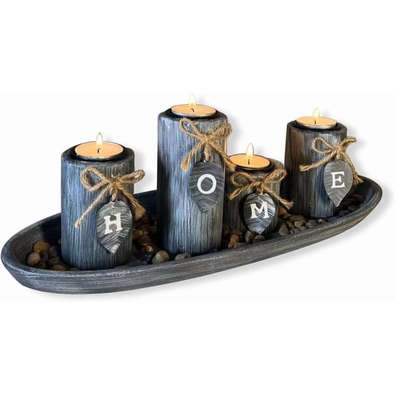 Wooden Candle Holders Centerpieces for Living Room Coffee Table Decorations,Farmhouse Table Decor TeaYANTON Candles Holders with Rustic Tray,Candlesticks for Home Decoration Fireplace Kitchen