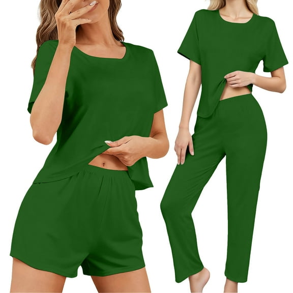 Women's 3 Piece Pajama Set Short Sleeve Sleepwear Pjs Set Top and Shorts Pants 3PCS Women's Home Casual Pants Tops and Shorts Pajamas Set