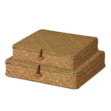Rectangular Rattan Storage Baskets with Lids, Set of 2, Ideal for Shelves & Organization