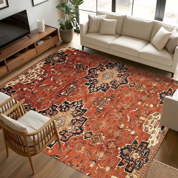 8x10 Area Rugs, Brown Red Non-Skid Rubber Backing Large Rectangle Rugs - Living Room Bedroom Home Office, Vintage Boho Ethnic Geometric Abstract Art Indoor Floor Mat Carpets Washable Rug