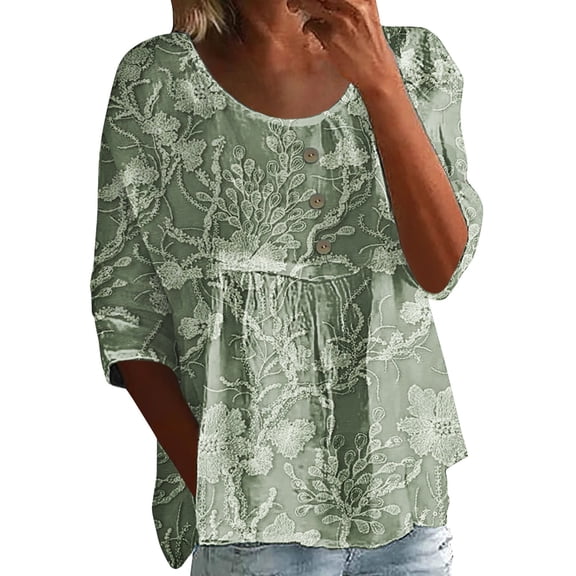 Soyumi Womens Floral Print Tops, 3/4 Sleeve Shirts Round Neck Loose Casual Summer Tunic Cute Tops Basic Blouse Tees Trendy Pullover Tops for Casual Spring Summer Outings, Green