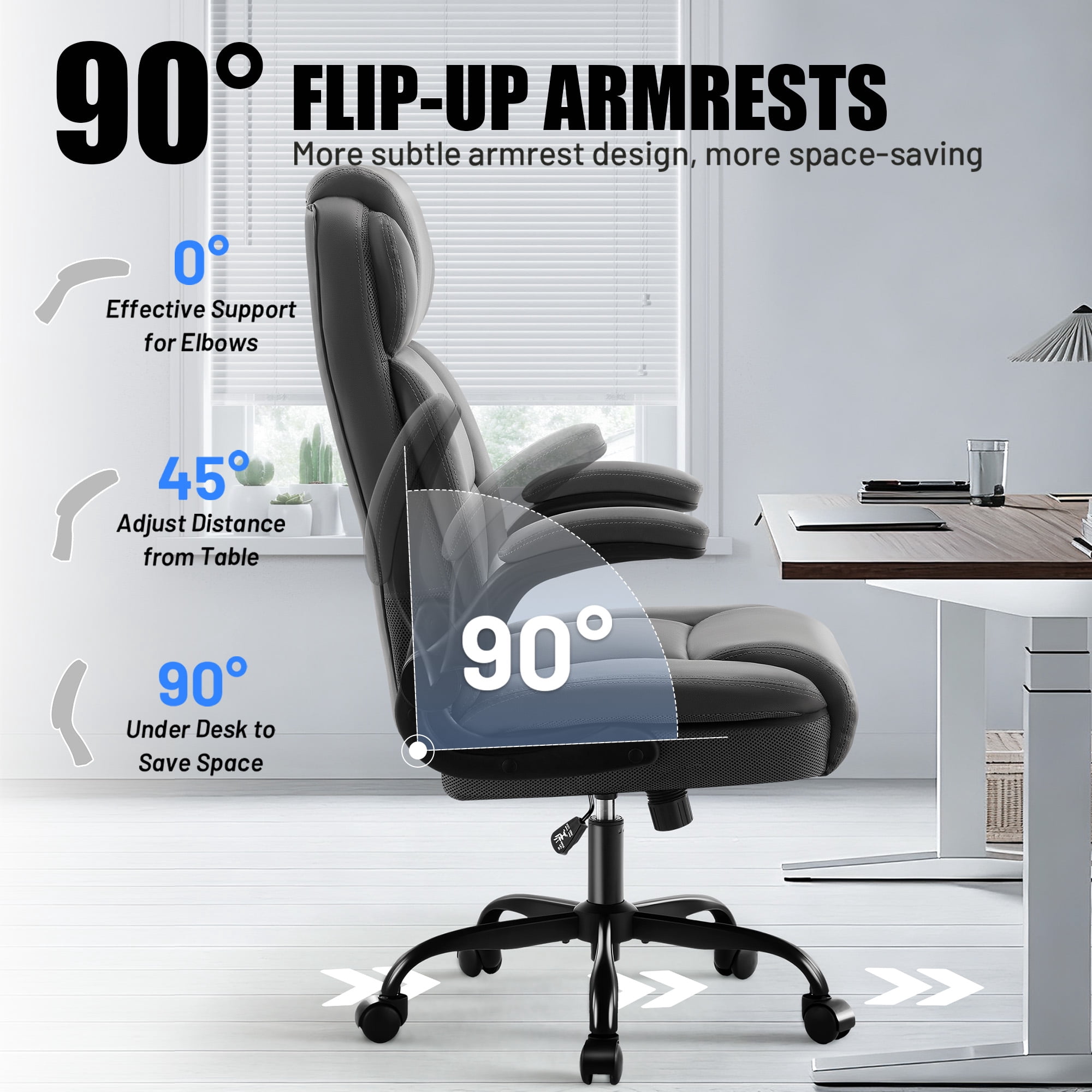 Dhole Ergonomic High-Back PU Leather Office Chair with 120° Recline & Flip-Up Arms - Home Office Desk Chair for Work, Study, Gaming, 300LBS Capacity (Gray)