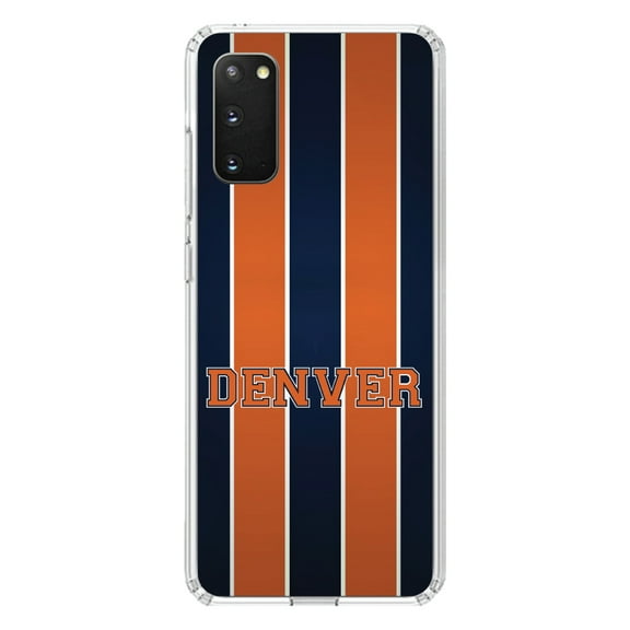 DistinctInk Clear Shockproof Hybrid Case for Galaxy S20 / S20 5G (6.2" Screen) - TPU Bumper, Acrylic Back, Tempered Glass Screen Protector - Orange Navy Broncos - Football Team