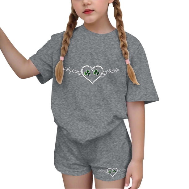 Vestido de manga corta para niños Día de San Patricio impreso manga corta cuello redondo y pantalones conjunto, vestido de niños casual