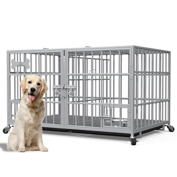 48/42 inch Heavy Duty Metal Dog Crate for 2 Dogs/Large Dog,All Metal Open Top,Dog Kennel Indoor with Wheels,Floor Grid, Tray, Divider and Feeding Bowl (Sliver)