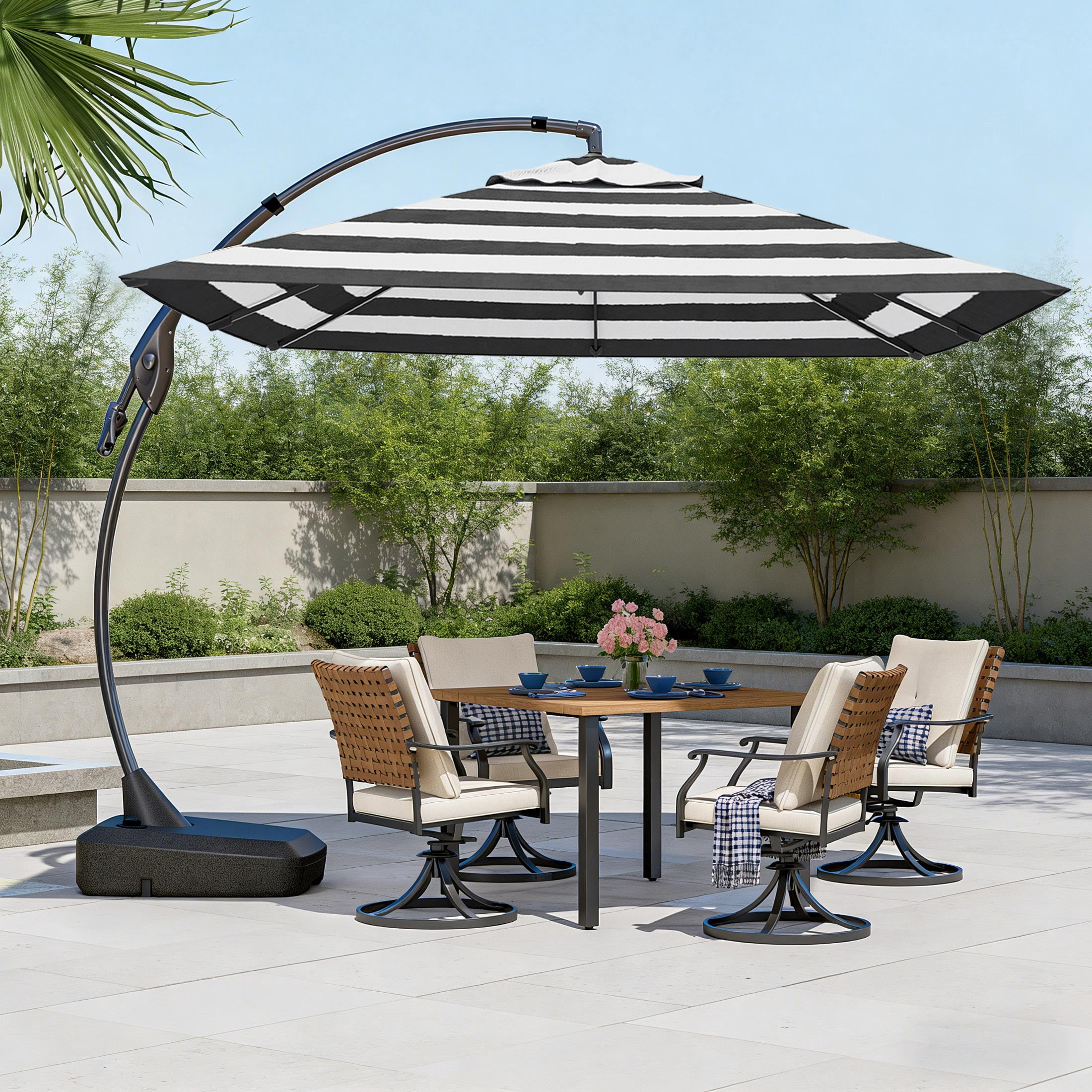 EVERITE 10x10FT Offset Umbrella - Patio Garden Use，Black and White Stripes
