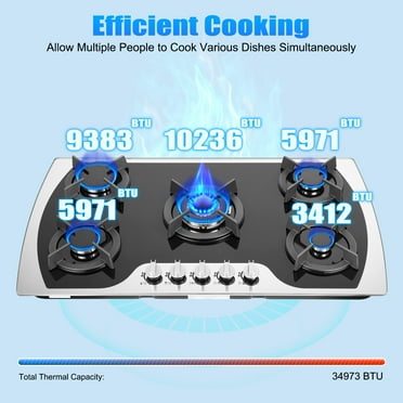 35" Natural Gas Propane 5 Burners Gas Stove Built-In Gas Cooktop Stainless Steel