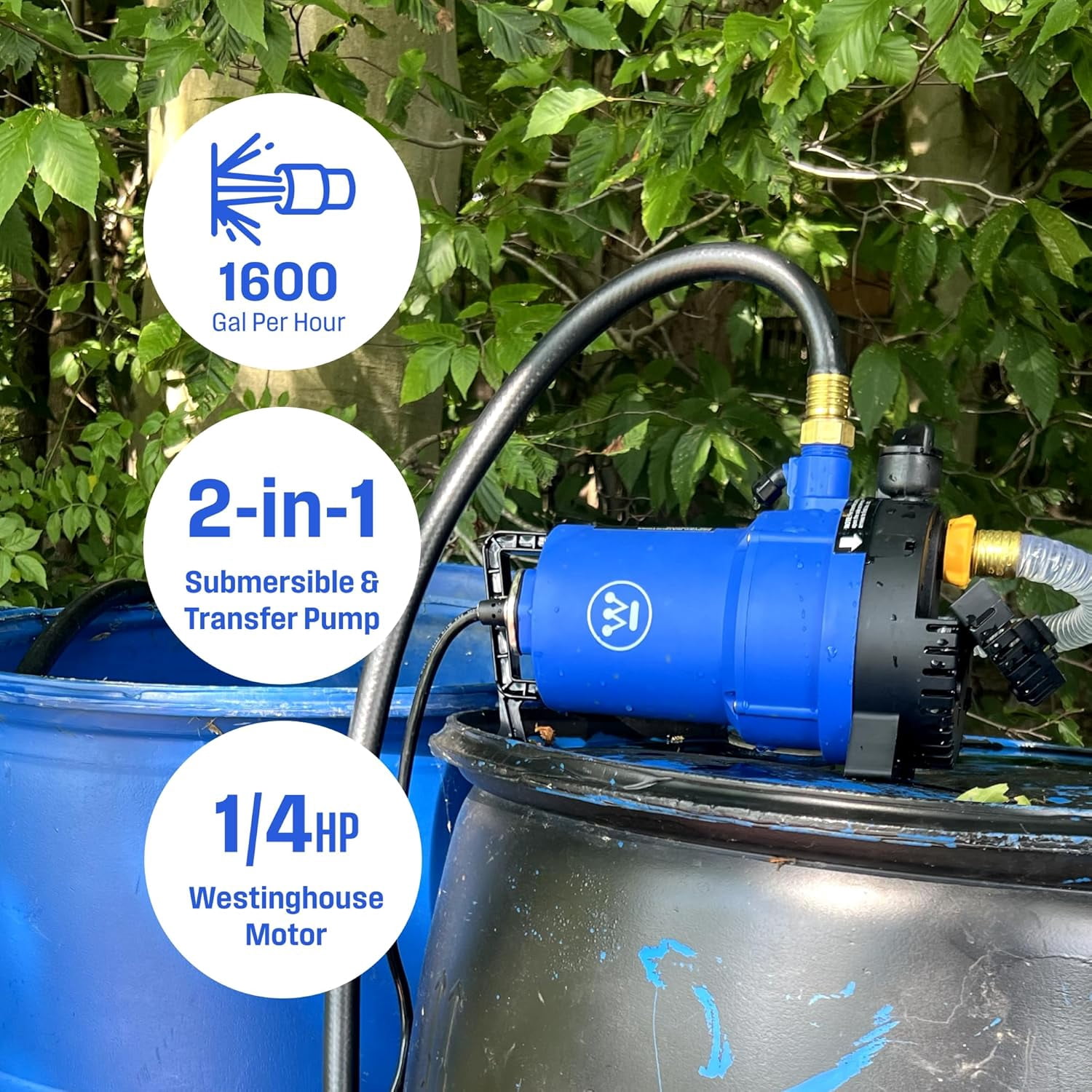 Westinghouse 2-in-1 1/4 HP Utility Pump, 1600 GPH Submersible Water Pump / 950 GPH Non-Submersible Water Transfer Pump, Water Pump for Pool Draining, Flooded Basement, Aquarium, Fish Tank, & More