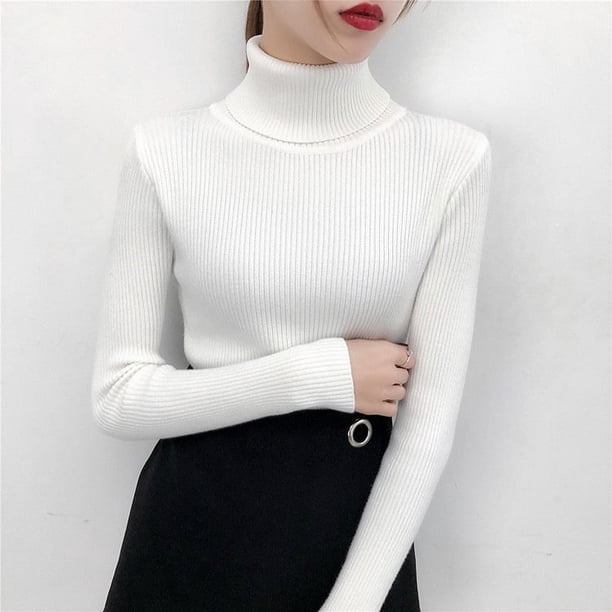 Suéter de cuello alto para mujer, camisa interior con parte inferior, otoño e invierno, suéter cálido de manga larga, ajustado, de color sólido