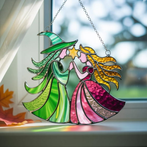 Witch & Princess Acrylic Suncatcher Fantasy Fairy-Tale Window Hanging, Magical Friendship Ornament, Halloween Witch Decor
