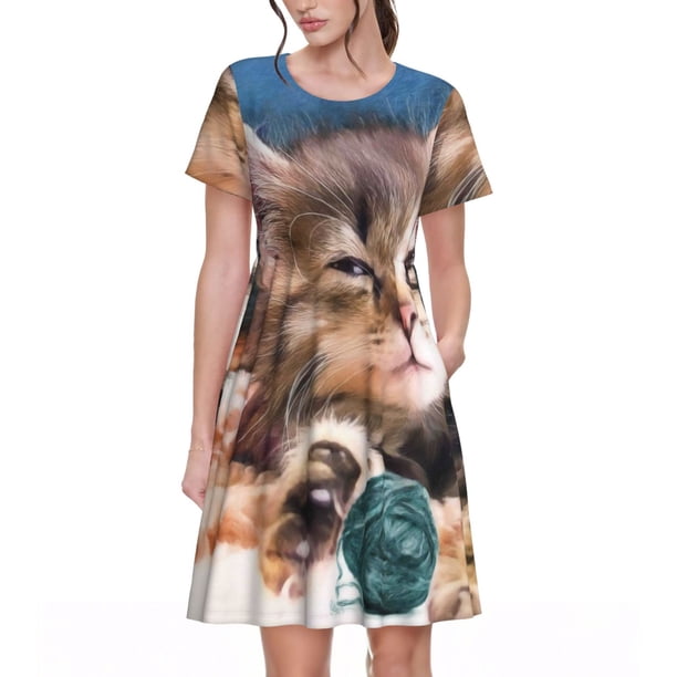 Balery Playful Cat Vestidos sueltos de manga corta para mujer, vestidos de verano 2025, vestidos casuales de corte A con vuelo.