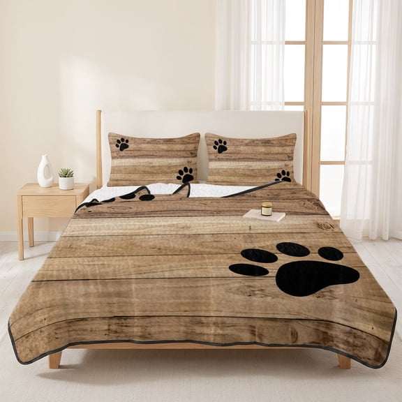 3 Pieces Queen Quilt Set,Dog Claws Brown Wooden Soft Bedding Sets with 1 Quilt & 2 Pillow Shams,Farmhouse Wood Plank Summer Bedspread Lightweight Coverlet Comforter