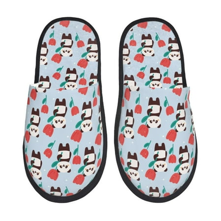 Balery Panda And Rose Slient Indoor Furry Fleece Comfort House Shoes Soft Non-Slip Home Shoes Cotton slippers House Slippers-- Large