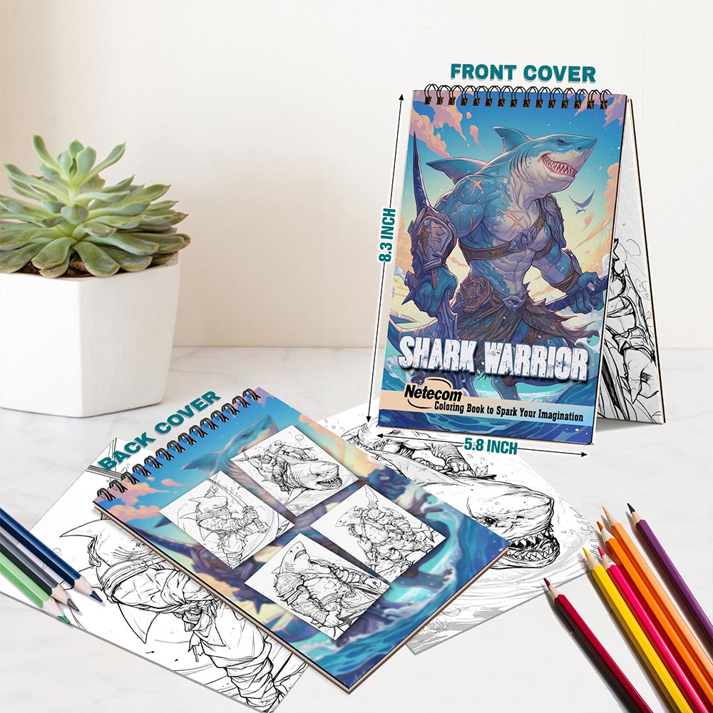 Netecom Shark Warrior Coloring Book for Adults, A5 Wooden Cover, 30 Dynamic Coloring Pages of Ocean Warriors for Stress Relief and Relaxation, Spiral Bound Edition