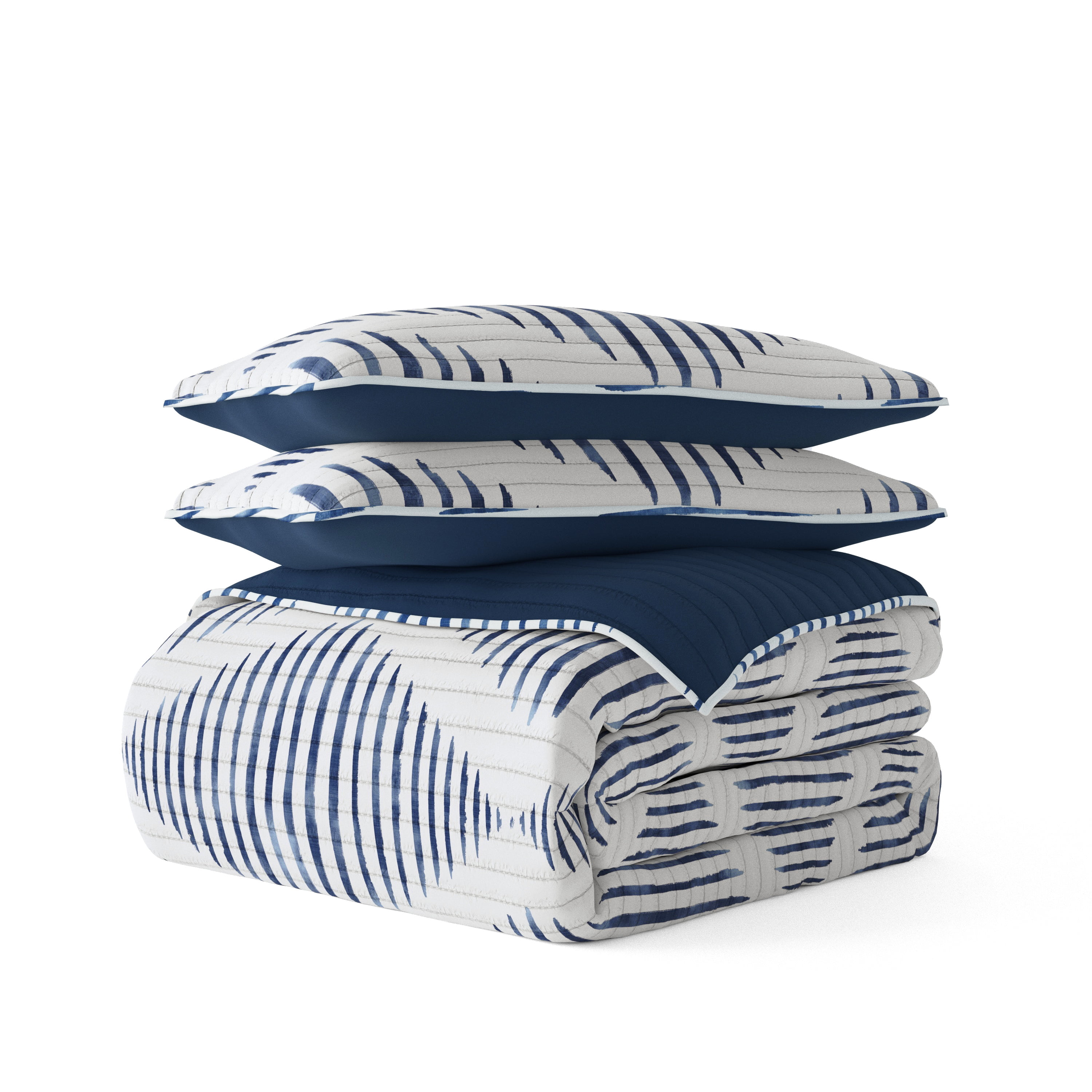 Noble Linens Navy 3 Piece Distressed Diamond Reversible Microfiber Quilt Set, King / CalKing
