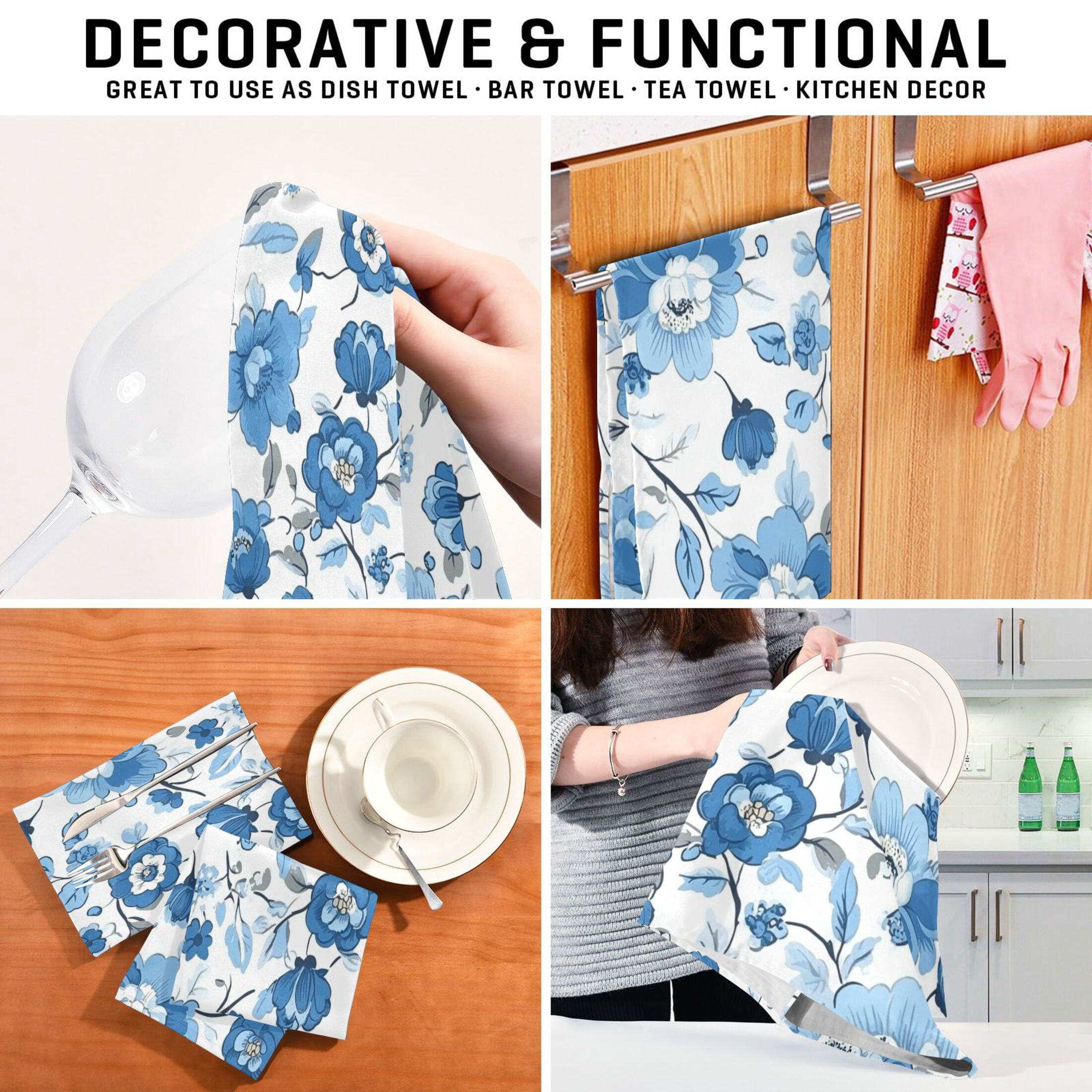 Blue Floral Pattern Kitchen Towels 6-Piece Pack Tea Towels for Kitchen Decorative Waffle Design 28x18in
