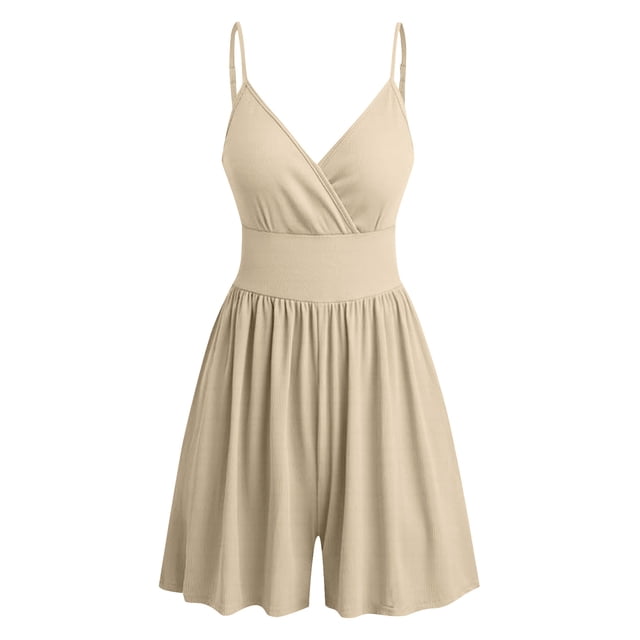 biudgviw Women's Summer Rompers Sleeveless Spaghetti Strap Wrap V Neck Ribbed Wide Leg Jumpsuits Casual Overall Shorts with Pockets