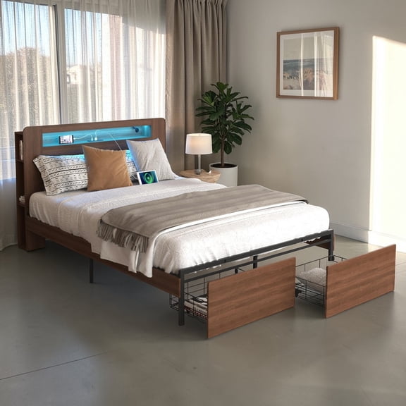 GZXS Farmhouse Platform Bed, Queen Size Wooden Bed Frame with Storage Headboard, 2 Drawers, Charging Station and APP-Controlled RGB LED Light, Noise Free, Brown