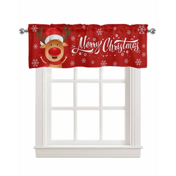 Red Christmas Elk Linen Curtain Valance for Bedroom/Bathroom/Kitchen/Office/Living/Dining Room Window,Xmas Deer Winter Snowflake Rod Pocket Topper Decorative Cafe Drapes Panel 54"x18"
