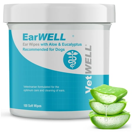 Dog Ear Wipes - Otic Cleaning Wipes for Infections and Controlling Ear Infections and Ear Odor in Pets - EarWELL by VetWELL - 100 Count