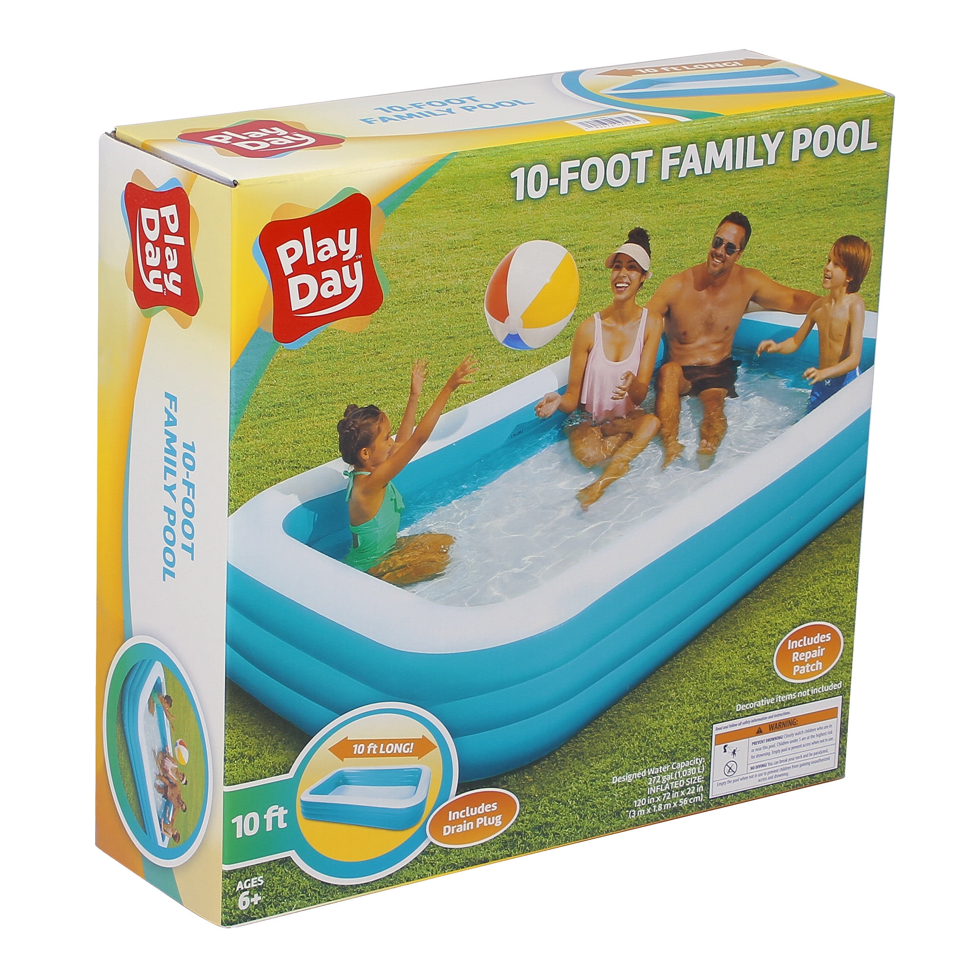 New Play Day Inflatable 10 Foot Rectangular Family Pool 120"x72"x22" 