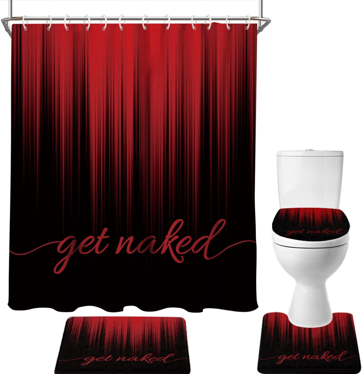 4 Piece Red and Black Shower Curtain Set Get Naked Burgundy Ombre Simple 72Wx72L Curtains Decor with Non-Slip Rugs, Toilet Lid Cover and Bath Mat Bathroom Accessorie Home Bathtub Set, Gradient