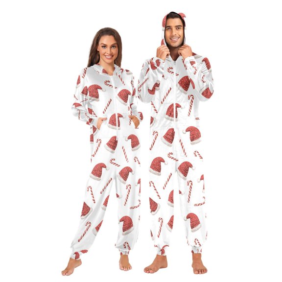 Adult Christmas Onesie Santa Hat and Candy Canes Zipper One-Piece Pajamas Unisex with Pockets