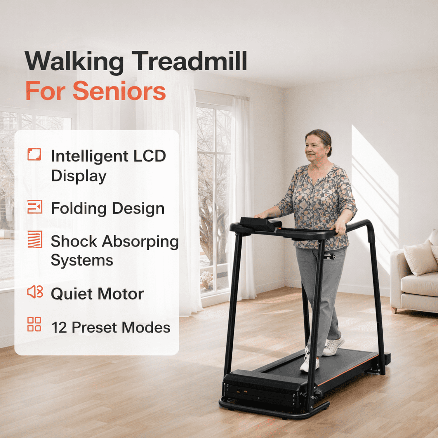 Noaman Walking Treadmill for Seniors & Recovery with Extended Safety Handrails, 300 lbs Capacity, 2.5HP Foldable Portable Treadmill for Home, Smart APP Control & Joint Protection Shock Absorption