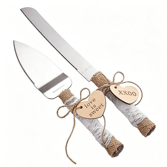 BPPEG Rustic Style Stainless Steel Wedding Cake Knife and Serving Set Resin Plastic Handle with Twine Heart Love Wood Tag and Burlap Lace Design Elegant Wedding Cake Knife and Server Set