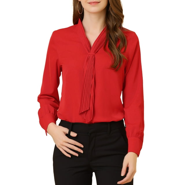 INSPIRE CHIC Blouse à Manches Longues pour Femme en Mousseline Plissée à Nouer au Cou Haut de Bureau Chemise L Rouge