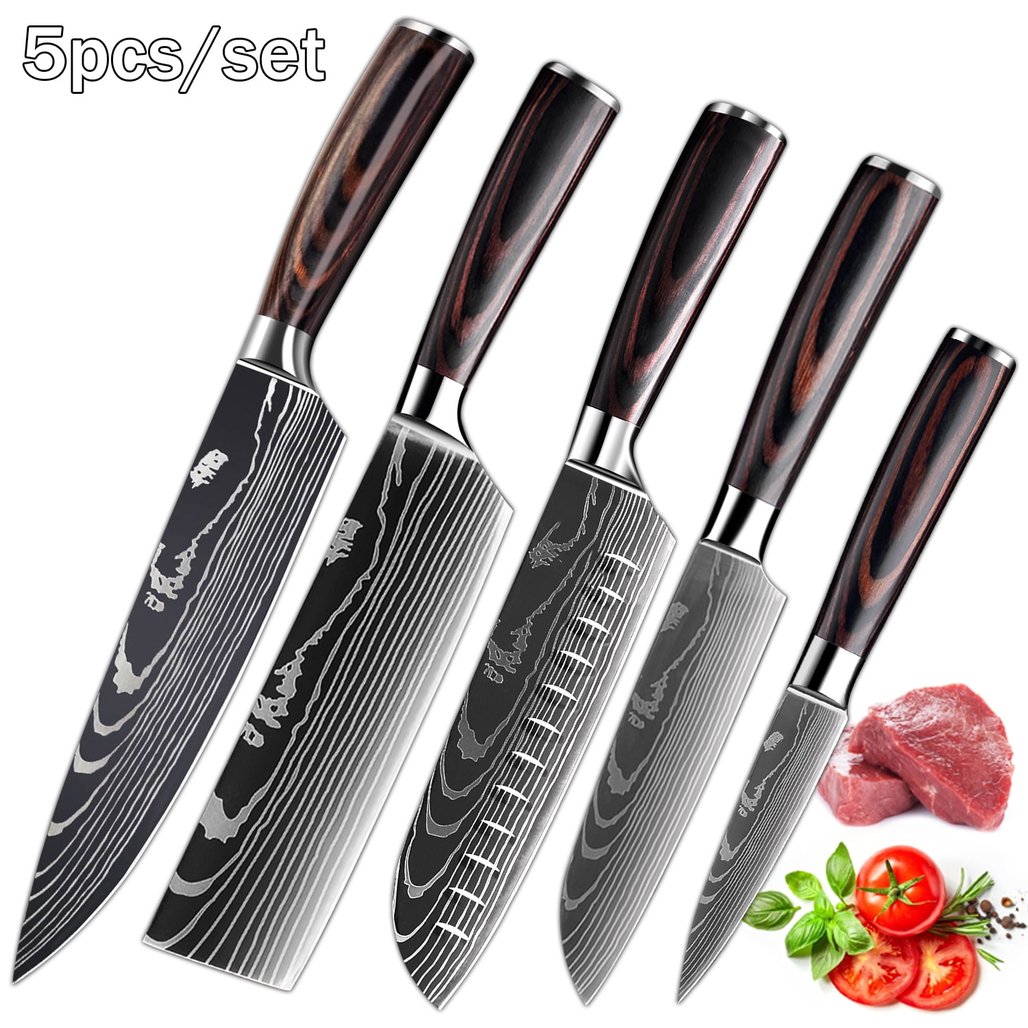MDHAND 5Piece Kitchen Knife Set, Damascus High Carbon Steel Cutlery Knife Set with Ergonomic