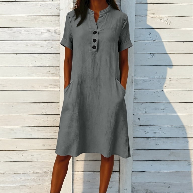 Rove Studio Women's Solid Short Sleeve Stand Collar Button Midi Dress, Lightweight Breathable Loose Fit Casual Summer Dress with Side Pockets for Daily Travel Beach Wear Grey XXL