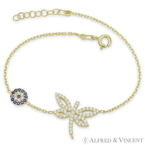 Dragonfly & Evil Eye Nazar Charm Bracelet with CZ Crystals in .925 Sterling Silver
