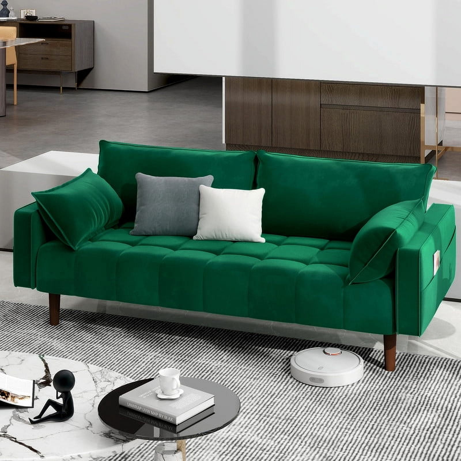 Uforic 70" Velvet Loveseat Sofa, Modern Comfortable Sofa Loveseat Small Sofa Couch with Side Storage Pockect & 2 Pillows, Button Tufted Seat Cushion for Living Room Bedroom Apartment, Green