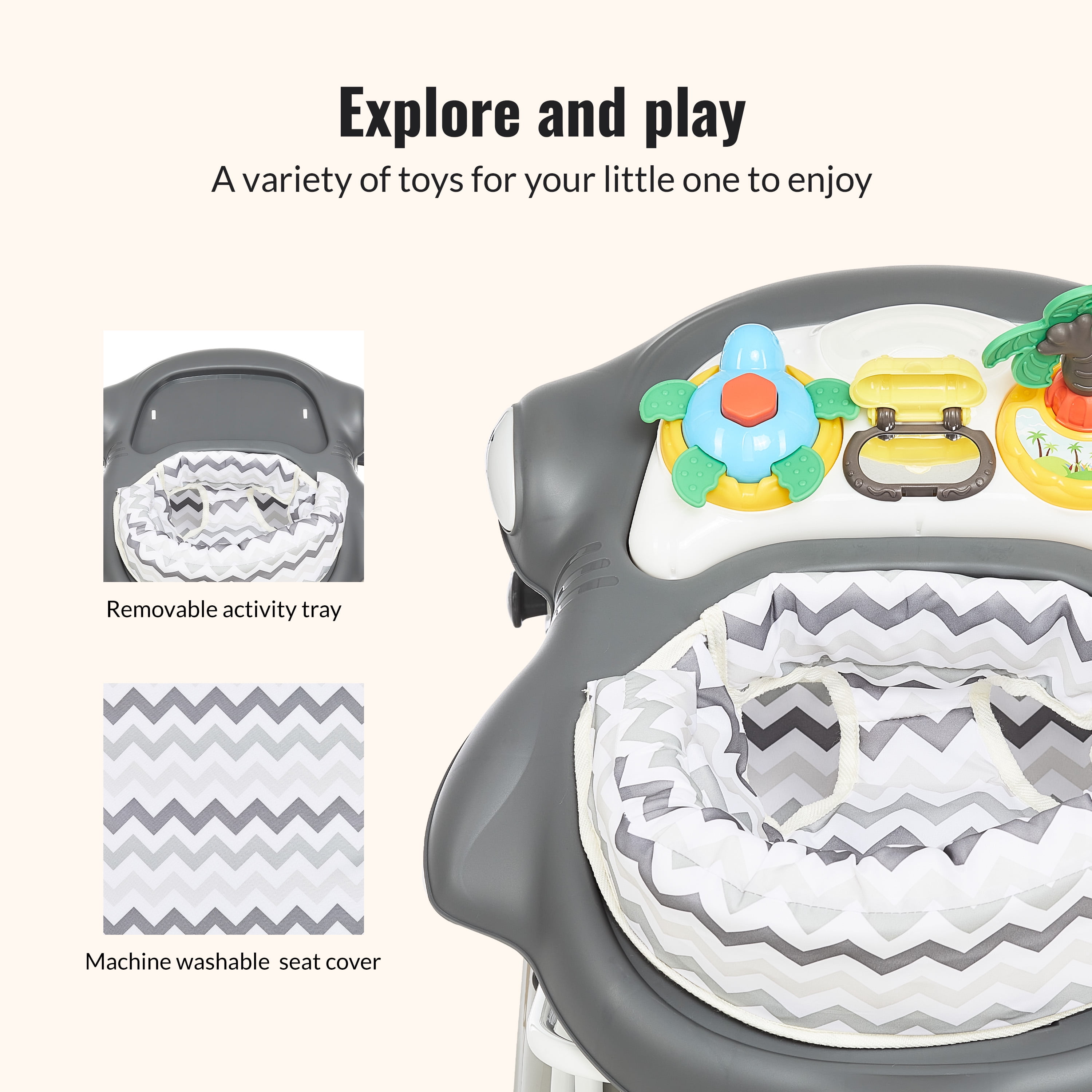 Dream on Me 2-in-1 Aloha Fun Activity Baby Walker in Grey, Easy to Fold and Store