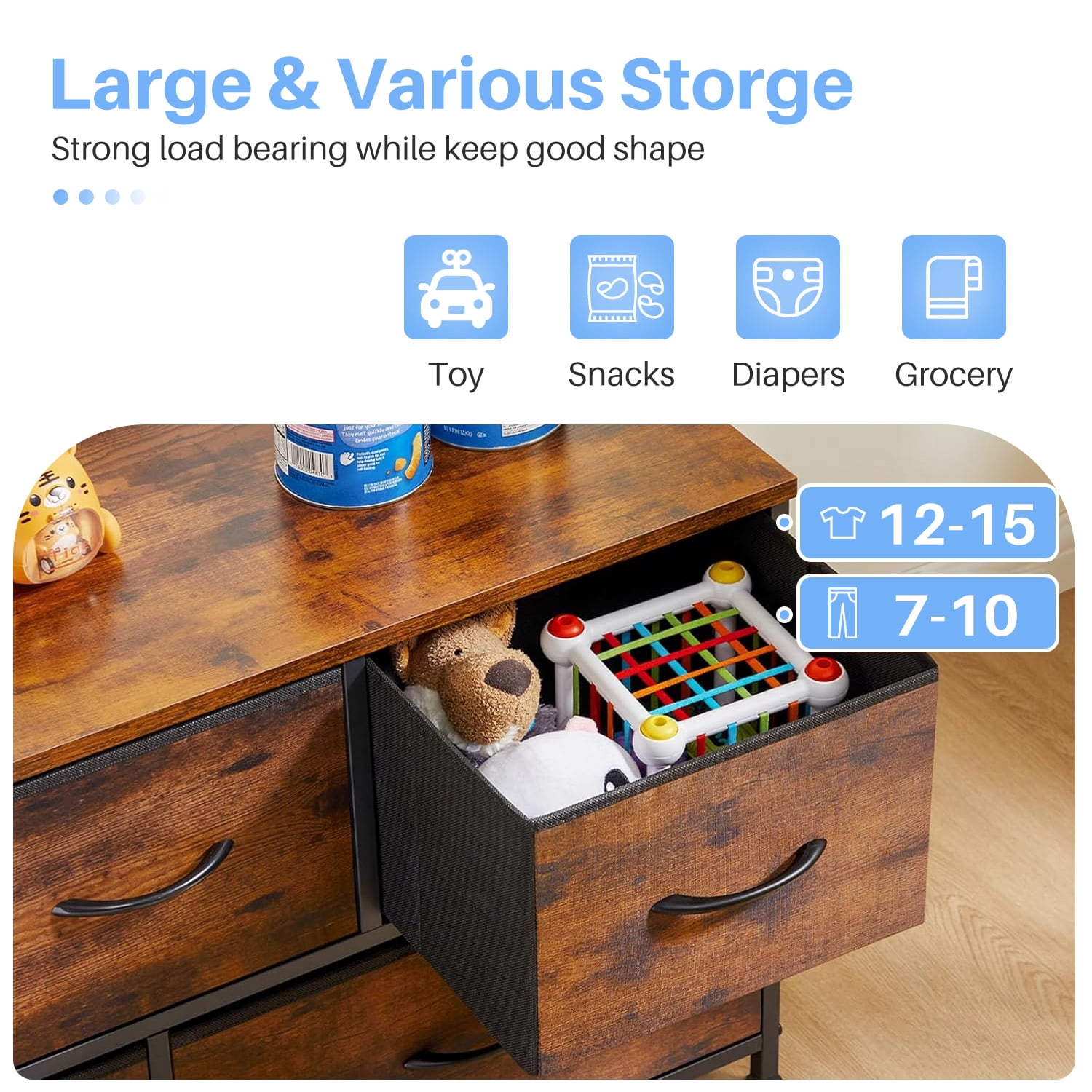 Simenmax 5 Fabric Drawer Dresser TV Stand for Bedroom, Entertainment Center for 45 Inch TV with Storage Drawer Unit, Open Shelf, Adjustable Feet, Living Room, Brown
