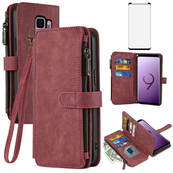 Asuwish Compatible with Samsung Galaxy S9 Plus Wallet Phone Case and Tempered Glass Screen Protector Faux Leather Flip Credit Card Holder Zipper Cell Cover for S9 9S 9 S 9 9plus S9plus Women Red