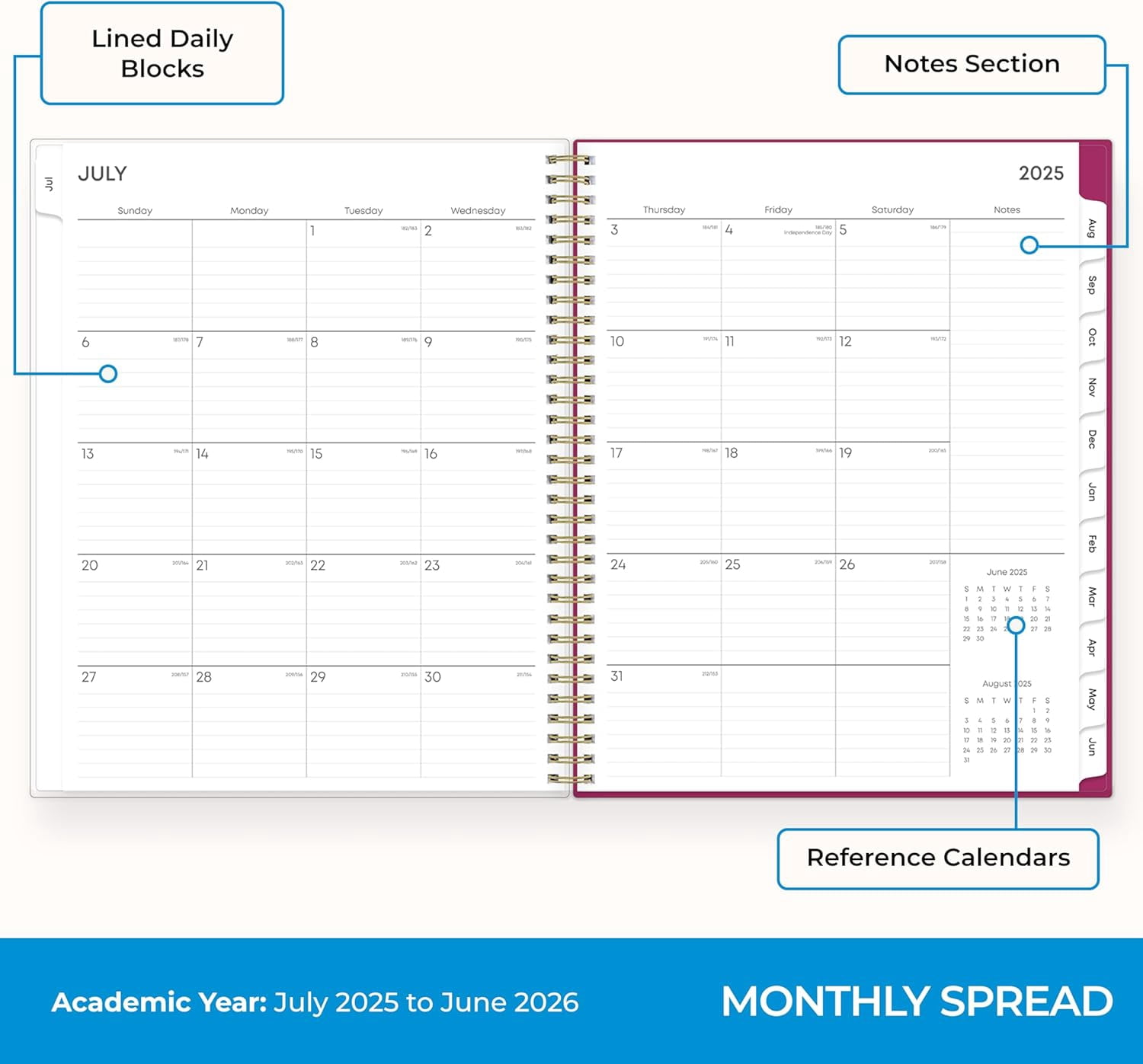 2025-2026 Weekly and Monthly Academic Year Planner Calendar, July 2025 - June 2026, 8.5" x 11", Flexible Cover, Wirebound, Storage Pocket, Laminated Tabs, Mahalo