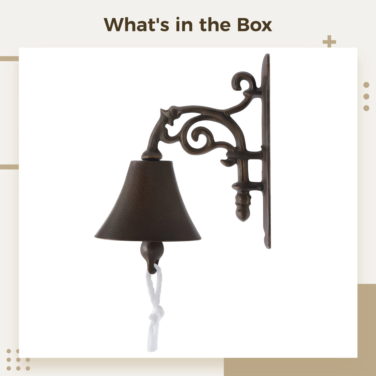 Vintage Cast Iron Wall Mounted Bell - Dinner Bell with Pull Rope for Outside | Rustic Antique Bronze Serving Bell for Farmhouse Garden, Front Door, Porch, Patio & Home Decor