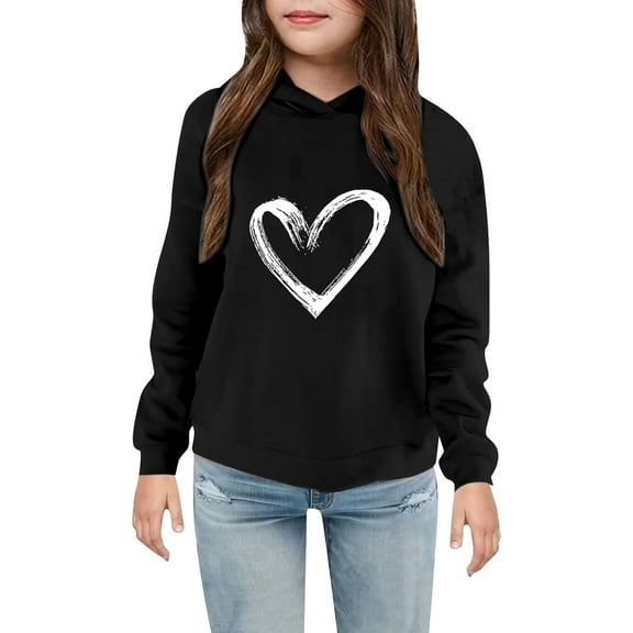 ZHOGXU Big Kids Girls Hoodies Long Sleeve Love Heart Print Fashionable Loose Fit Sweatshirt For Casual Daily Wear Black 2-3 Years