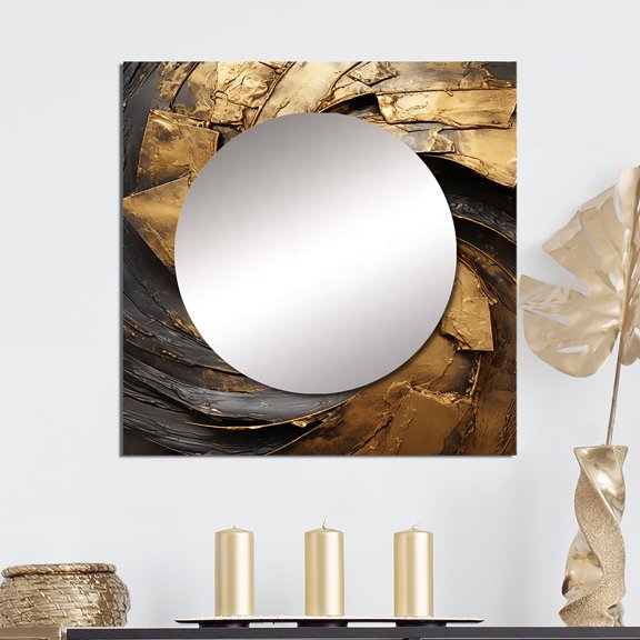 Designart "Timeless Turn in Gold and Black IV" abstract spirals Gold Large Square Mirror - Square Bedroom Mirror Printed Wall Decor - Modern Square Printed Wall Mirror Art