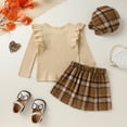 thumbnail image 3 of Happy Town Toddler Girl Fall Outfits Ruffle Top & Plaid Skirt with Hat 3-Piece Set,Size 12M-5T, 3 of 9