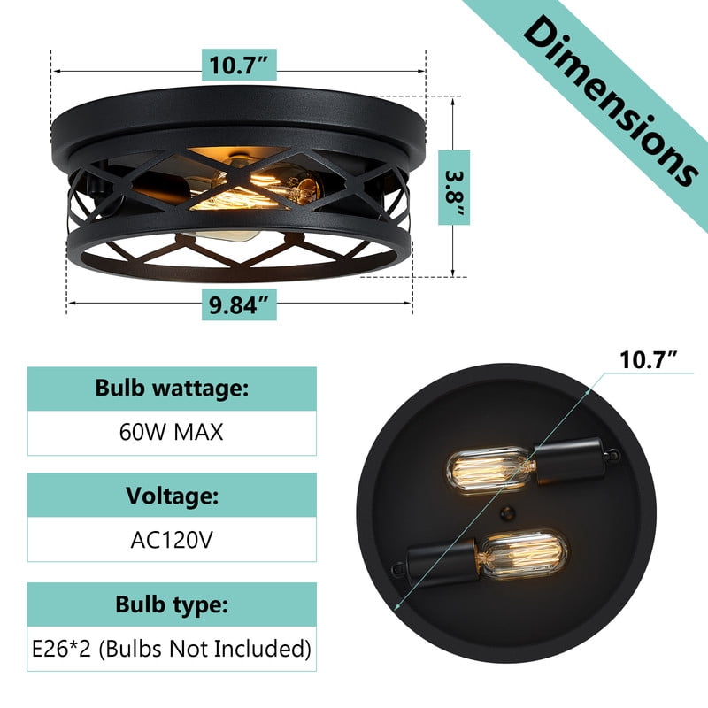 HKMGT Industrial Round Diamond Grid 2-Light Flush Mount Ceiling Light, Matte Black, E26 Base, for Kitchen Hallway Entryway (Bulbs Not Included)