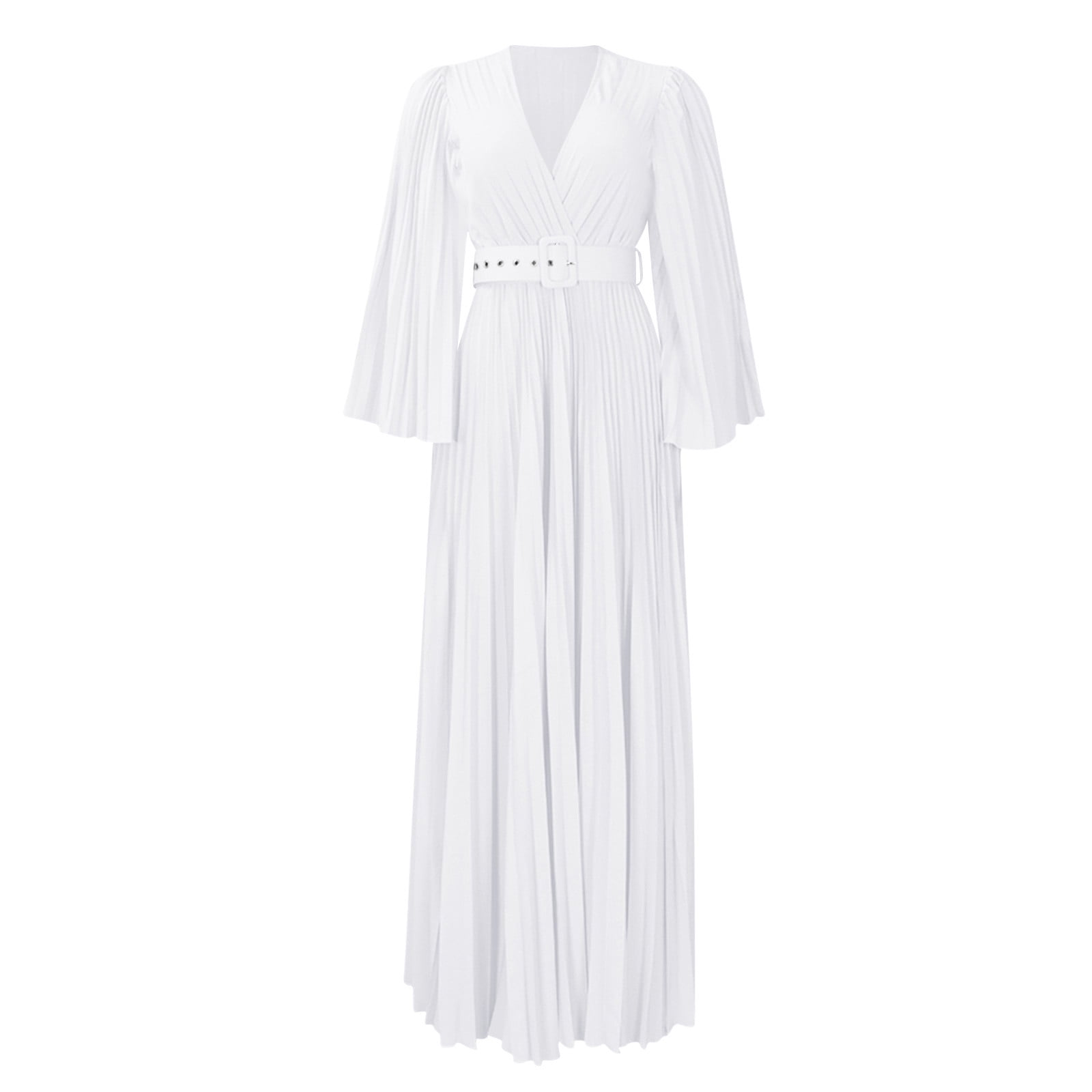 WTXUE Long Sleeve Dress, Women's Deep V-Neck Plus Size Evening Dress Long  Sleeves with Belt, White Dress Women, White M - Walmart.com